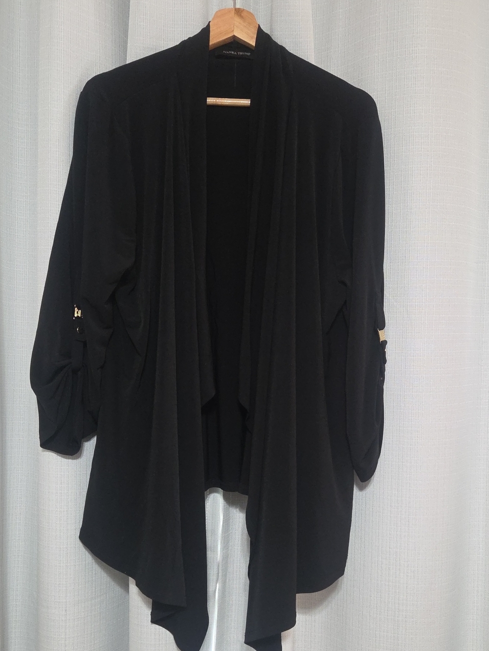 Ivanka Trump Black Draped Open-Front Cardigan with Gold-Tone Accents